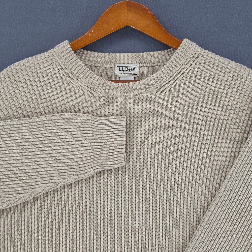 LL Bean Mens Large Shaker Stitch Ribbed Cotton Crewneck Sweater Tan Beige QY58